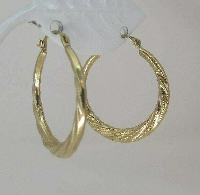 14K Yellow Gold Hoop EARRINGS Twisted Textured Genuine Signed LO 14 Karat