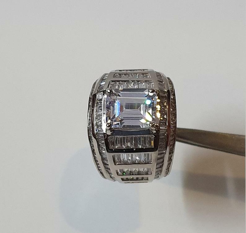 Pre-owned Online0369 2ct Baguette Cubic Zirconia Mens Statement Ring Free Stud Silver Ring Size 10 In White