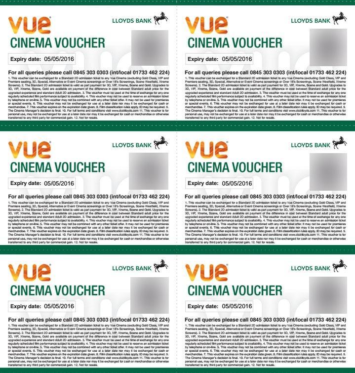 6 x Vue Cinema Tickets/Vouchers (received as part of Club LLoyds