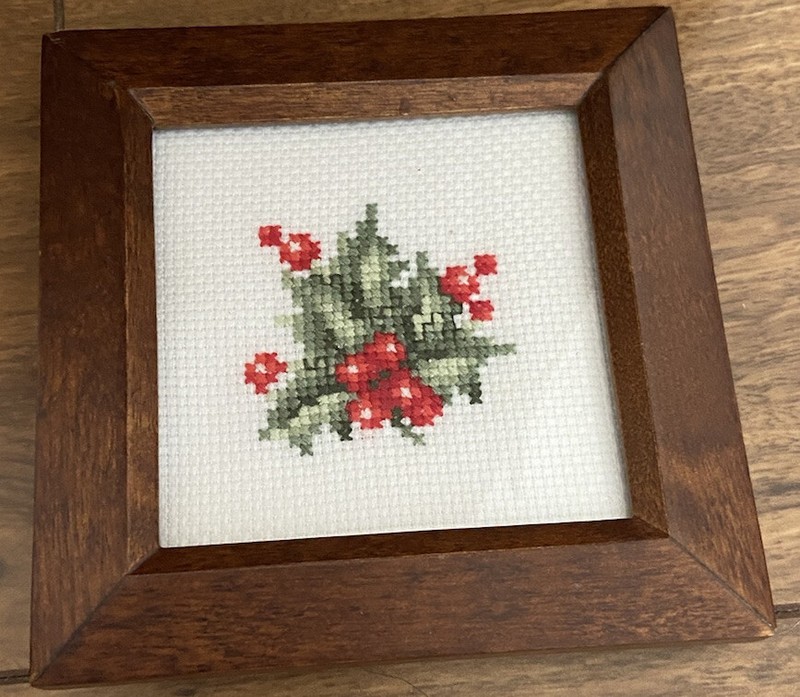 Homemade Christmas Poinsettia Holly Picture in Brown Frame Holiday Decor