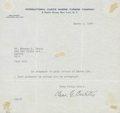 CHARLES G. CURTIS - TYPED LETTER SIGNED 03/05/1937