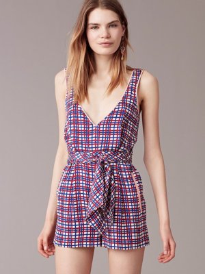 

NEW DAINE von FURESTENBERG DVF Abel Check Cerise Шорты в клетку с v-образным вырезом Комбинезон  л, Multicolor