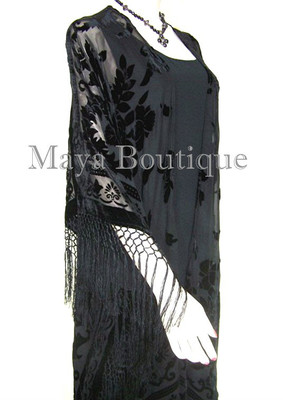 Pre-owned Maya Matazaro Caftan Duster Fringe Jacket Kimono Opera Coat Black Burnout Velvet