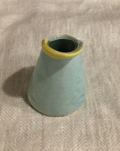 VTG MINIATURE PITCHER Ceramic Baby Blue & Yellow Watering Can Design with flower
