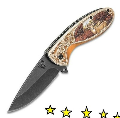 Deer Hunter Pocket Knife with standing Deer Stag 3D assisted opening Blade