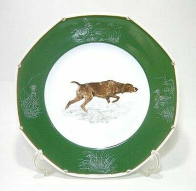 Hermes Paris German Pointer Picture Plate Octagon Green Porcelain 21cm Tableware