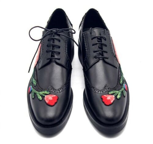 Pre-owned Spring Mens Match Color Embroider Lace Up Block Real Leather Brogues Shoes Youth In Black