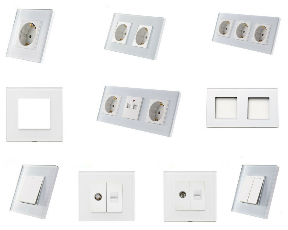 Glas Lichtschalter Steckdose, Wechselschalter, Dimmer, Türklingel, TV, USB, uvm.