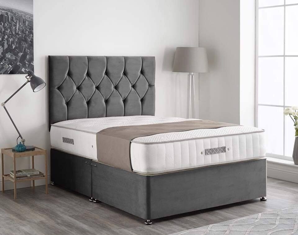 ️📌Double Soft plush Steel grey Bed with Big headboard and 10 inch