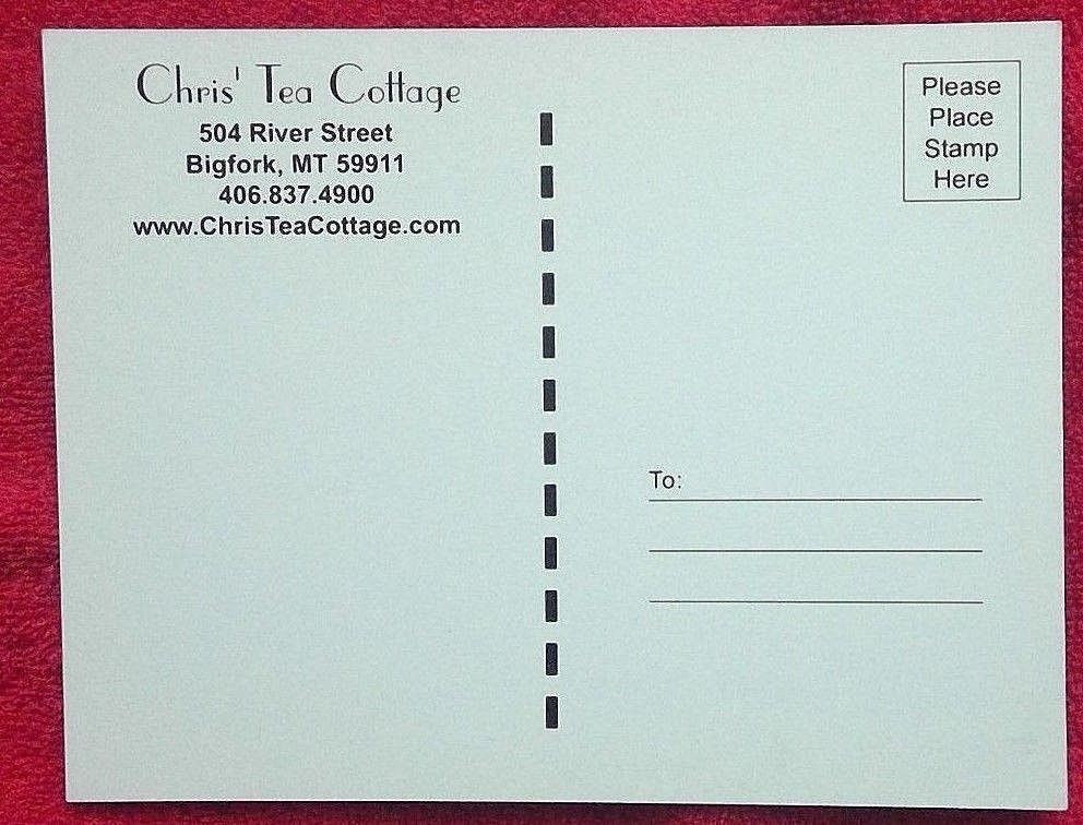 5 postcards Chris' Tea Cottage sign Bigfork, MT Winter Christmas night time snow