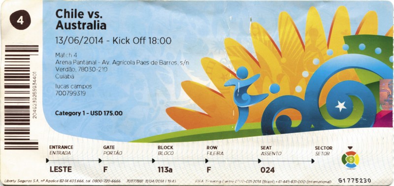World Cup Football Coupe Du Monde Chile-Australien 13.06.2014 Ticket Eintritts