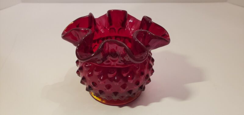 Fenton Deep Ruby Red Amberina Hobnail Ruffled Rose Bowl Vase Candle Holder (2)