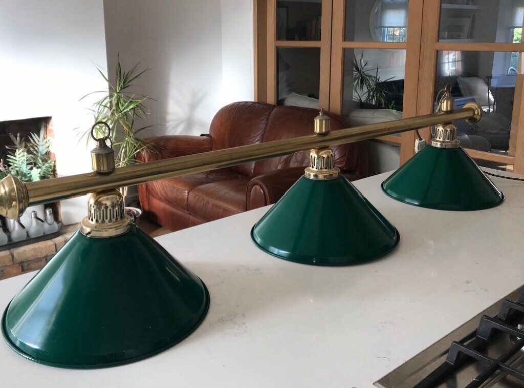 Vintage Mid Century Green Gold Enamel Triple Pendant Lights Kitchen