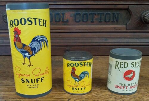 3 Vintage Snuff Tobacco  Containers Tins NOS Rooster Red Seal Paper Labels 