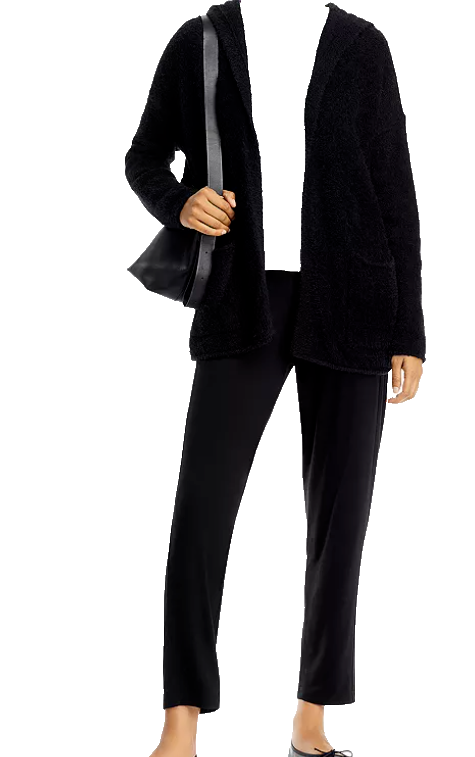 Pre-owned Eileen Fisher Hooded Cardigan Sweater Boucle Cashmere Blend Black Sz M