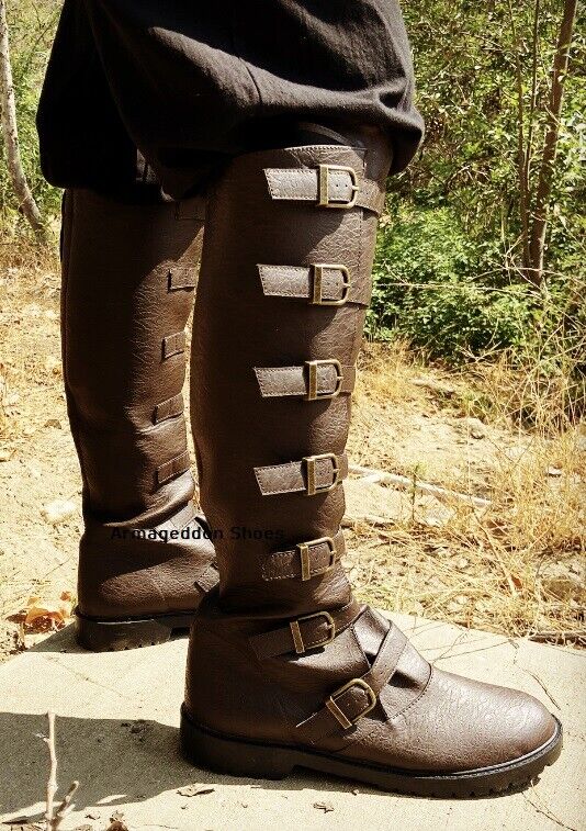Brown Renaissance Fair Steampunk Pirate Firefly Road Warrior Mens Buckled Boots