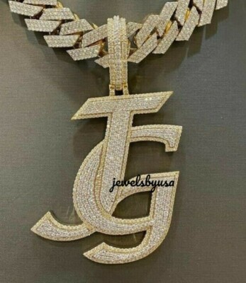 Pre-owned Nsg 3ct Real Moissanite Iced Men's Style Font "jg" Pendant Rope Chain 925 Silver In White