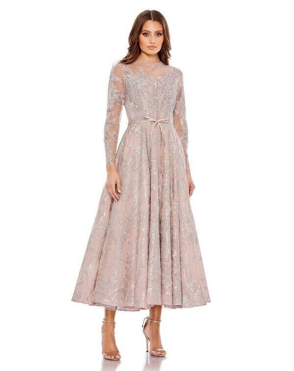 Pre-owned Mac Duggal Rose Beaded Floral Long Sleeve Illusion Lace Midi Gown Size 14 $698 In Pink