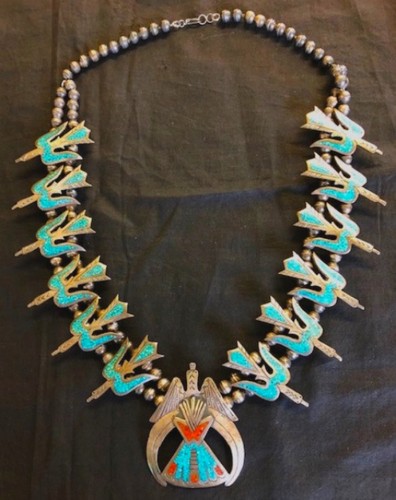 S21 Squash Blossom Necklace, Sterling, Peyote Birds, Turquoise, Coral, Wow!