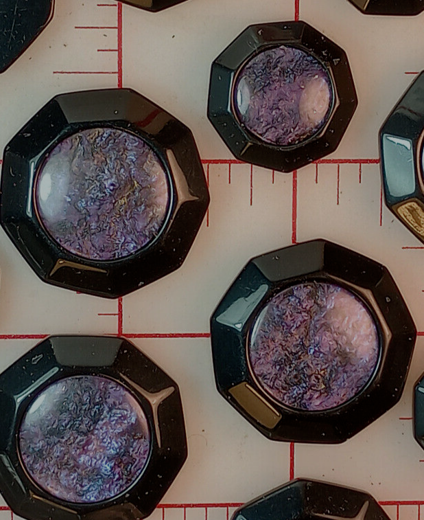 10 Multi Pearlized Purple Gold Shank Buttons Black Border 9 Sides 1-1/8" France