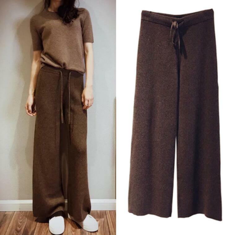 Chic High-waisted Womens Cashmere Blend Wide-leg Pants Loose Solid Lace Up
