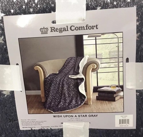 Regal Comfort “Wish Upon A Star” Gray w/Metallic Reversible Sherpa Throw 50 x 60