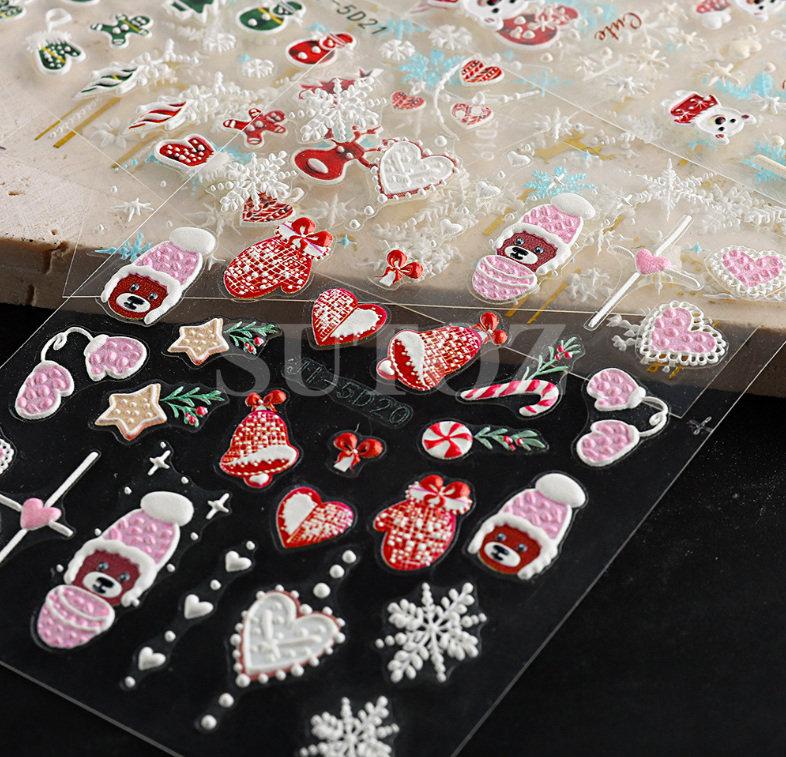 Christmas 5D Nail Art Stickers Snowflake Bear Heart Santa Decals Self-Adhesive