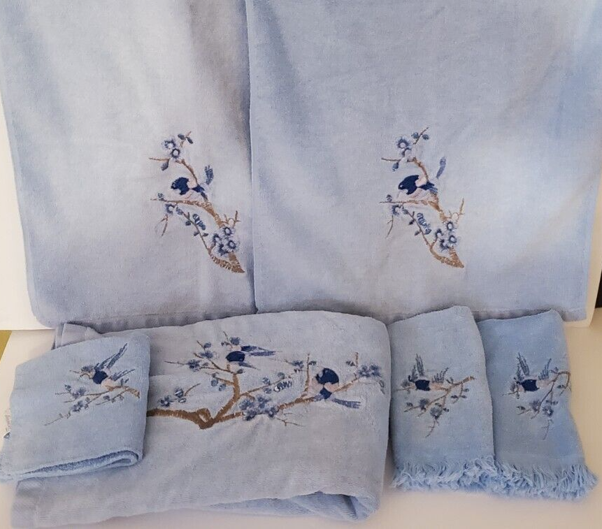 6 Pc Set Blue Fringe Floral Bird Embroidered
