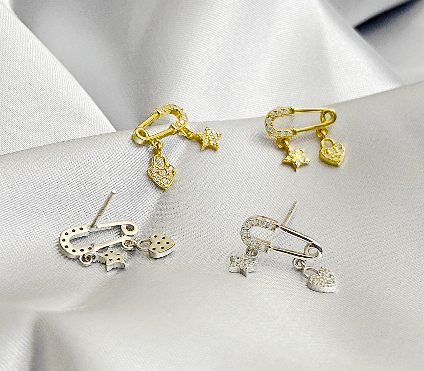 S925 Sterling Silver Pave CZ Heart Star Charm Safety Pin