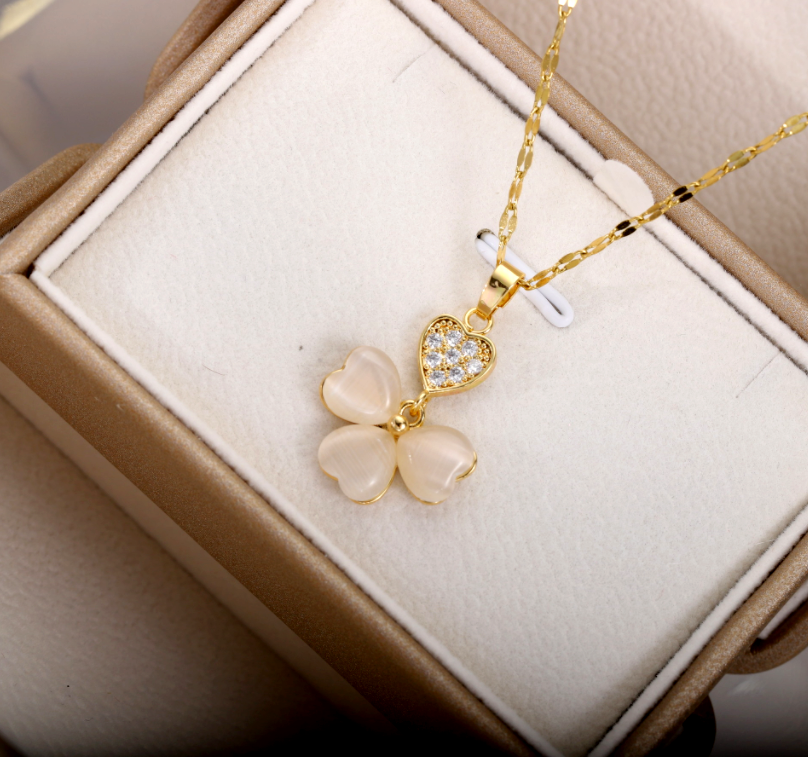 Titanium 14k Gold Plated White Flower Clover Jade Pave CZ