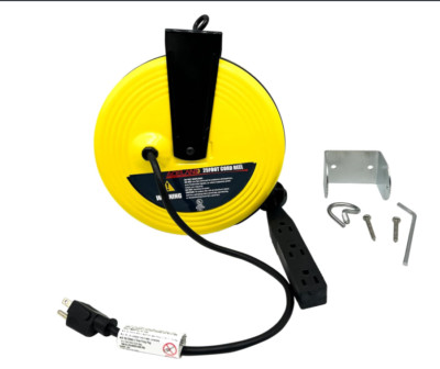 25ft Retractable Extension Cord Reel with 3 Electrical Outlets, 16AWG/3C