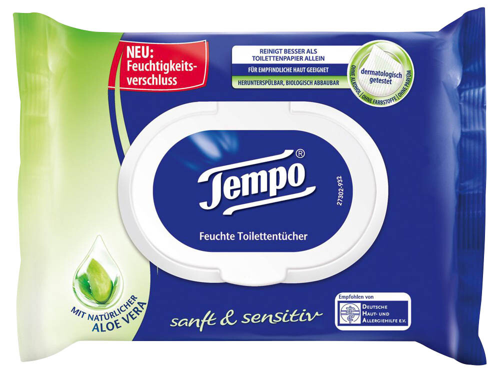Tempo feuchtes Toilettenpapier Aloe Vera Duft mit 42 Blatt sanft & sensitiv