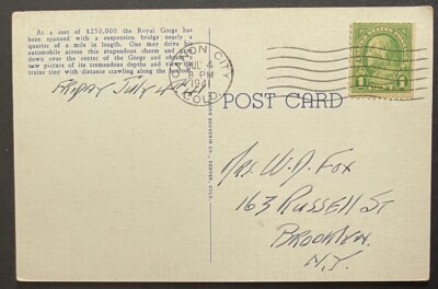 Canon City, Colorado Post Card Jul 4, 1941 Suspension Bridge at Royal Gorge, CO