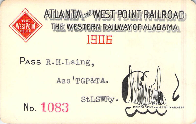 ATLANTA WEST POINT WESTERN ALABAMA LOW # 1083 RAILROAD RR RY RWY RAILWAY PASS