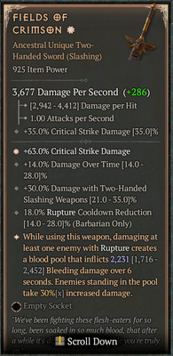 DIABLO 4 Season 4 925  Greater Affix  Fields of Crimson Unique