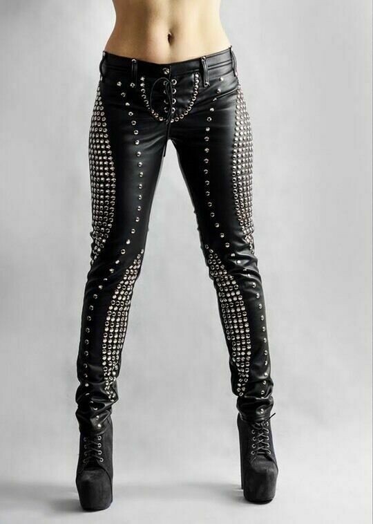 Pre-owned Handmade Women Designer Bespoke Studded Gothic Punk Rock Italian Leather Pants 02 In Black