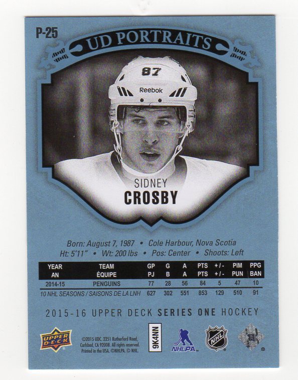 2015-16 Upper Deck Series 1 Platinum Blue UD Portraits Sidney Crosby 3/5