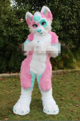 Cute Pink Long Fur Fox Wolf Fursuit Furry Mascot Costume Adult Outfit Dress