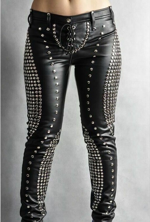 Pre-owned Handmade Women Designer Bespoke Studded Gothic Punk Rock Italian Leather Pants 02 In Black