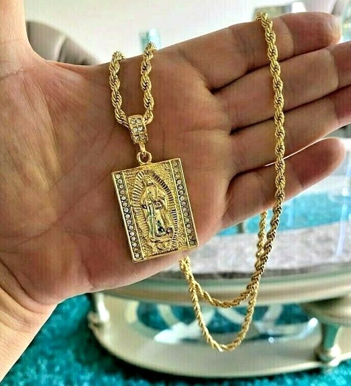 14K Gold Plated CZ Praying Mary Jesus Pendant Prayer Faith