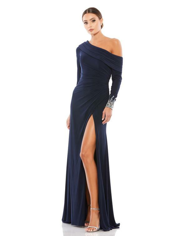 Pre-owned Mac Duggal ?  12231m Midnight Off The Shoulder Asymmetric Jersey Beaded Gown 14