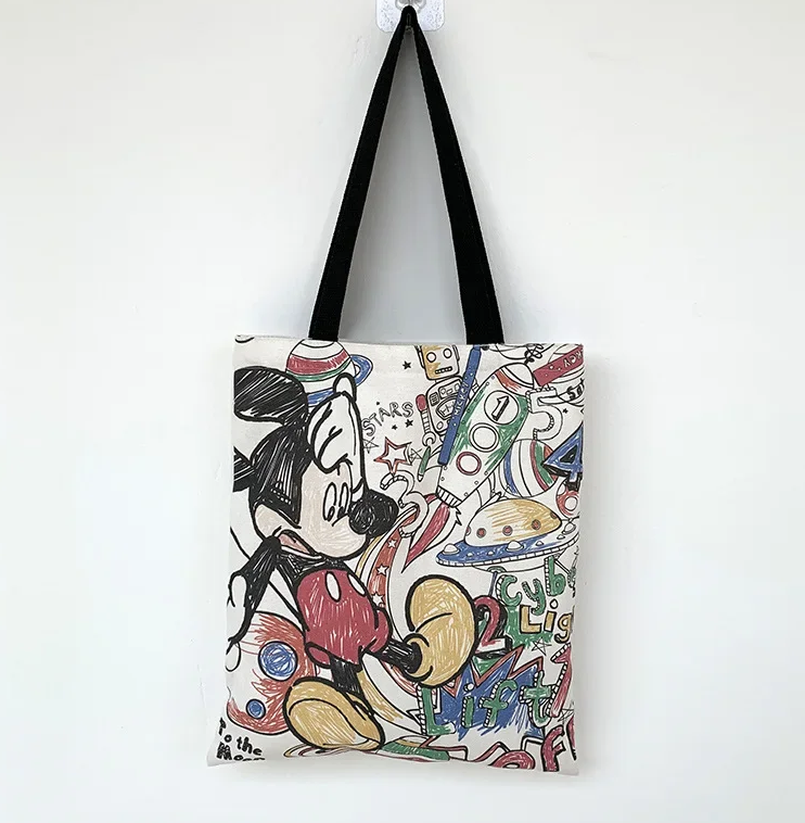 ★TOUT Y EST★ Iron Leather Big Mickey Tote & Shoulder Bag W Canvas Mickey Mouse Cartoon Tote Bag, Travel Shoulder Bag