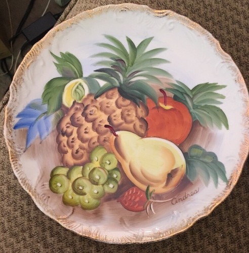 2 Lefton PLATES Fruit Pear Cherries Hand Painted Gold Trim Wall Decor Vintage