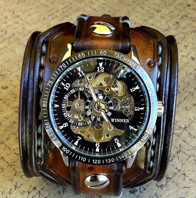 Pre-owned Handmade Steampunk Leather Wrist Watch, Skeleton Men's Watch, Brown Leather Watch Cuff,