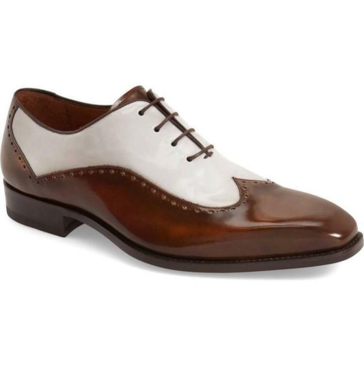 Pre-owned Handmade Men's Leather Oxfords Formal Cap Toe Brogue Lace Up Two Tone Shoes-136 In White & Brown