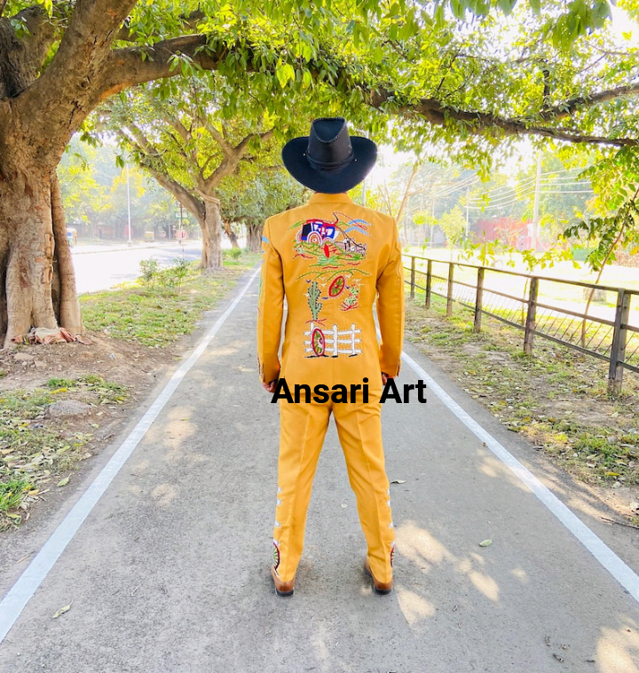 Pre-owned Art Men 2pc Piece Western Designer Suit | Custom Made Embroidered Cotton Designer In Yellow