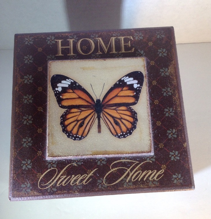 Butterfly Wood Box Home Sweet Home Storage Trinket Sewing Supplies Decorative