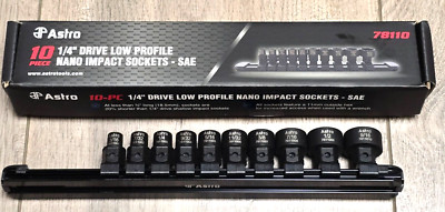 Astro 1/4'' dr 10pc SAE Low Profile Stubby Nano Impact socket Set w/Rail #78110