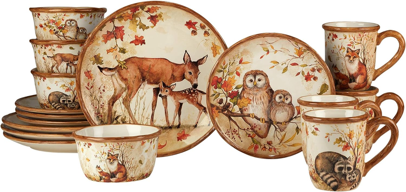 Pine Forest 16 Pc Dinnerware Set, Service for 4, BROWN