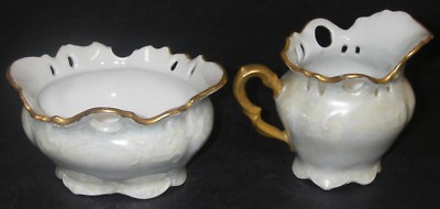 Antique Porcelain Sugar Bowl & Creamer Luster footed Gold Reticulated Embossed..